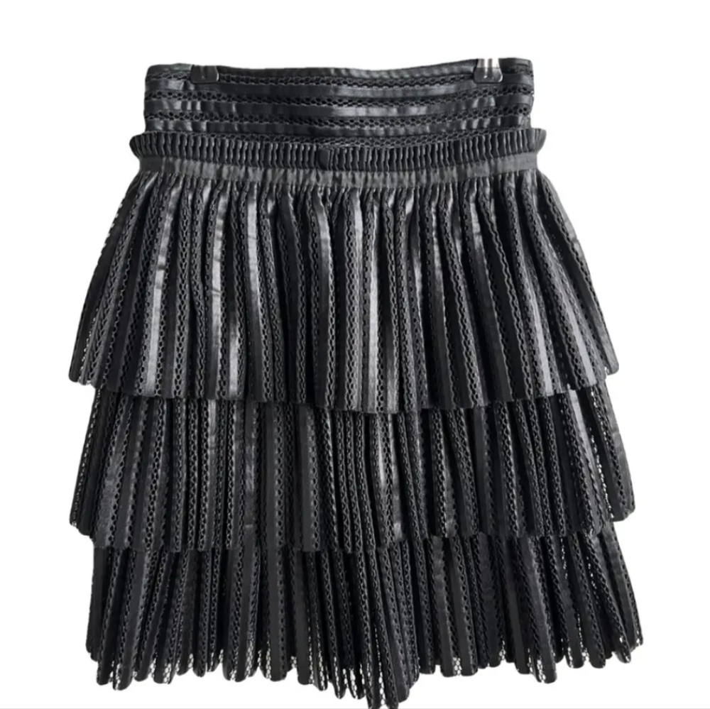 Maje Womens Mini Skirt Jupon Three Tiered Faux Leather Black